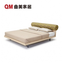 QM曲美家居 布艺双人床可拆洗 海绵软包板木床头钢网床架简约现代北欧风卧室家具 橡木色 1.8*2.0
